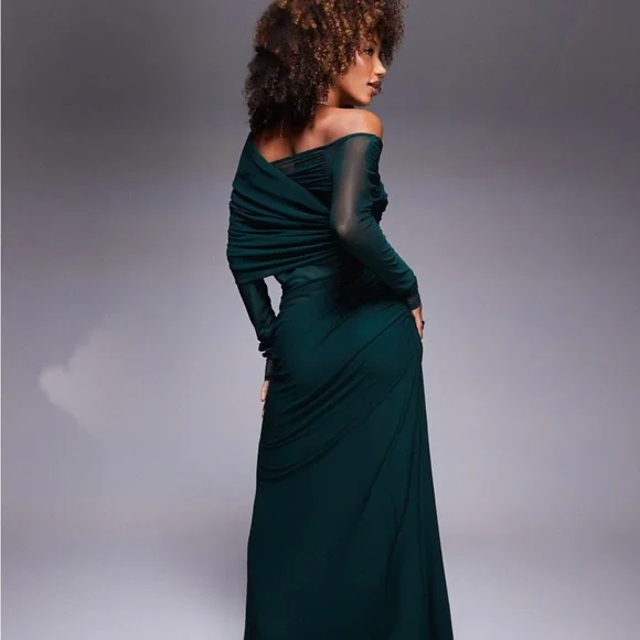 ASOS Emerald Long Sleeve Off-Shoulder Dress - Picture 2 of 11